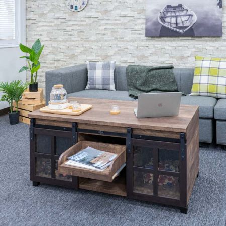 طاولة قهوة كبيرة الحجم للتخزين، أبعادها ١٢٠*٦٠ سم. مساحة تخزين بابية على الجانبين الأيمن والأيسر ٣٨*٥٤*٤٨ سم. مصنوعة من زجاج مقسّى مع تموجات مائية. تم تجميعها بطريقة الدمج المتقاطع.